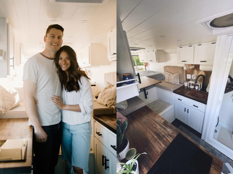 Drew and Becky Bidlen in their van (Left) and a wide shot of the van's interior.