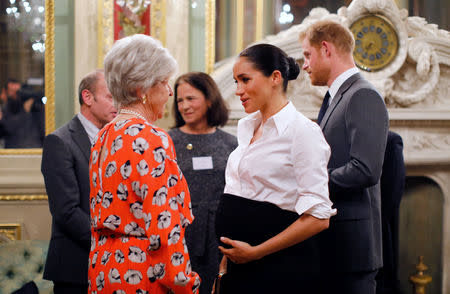 Britain's Prince Harry and Meghan, Duchess of Sussex, meet guests during a pre-ceremony reception before the Endeavour Fund Awards in the Drapers' Hall in London, Britain February 7, 2019. Tolga Akmen/Pool via REUTERS