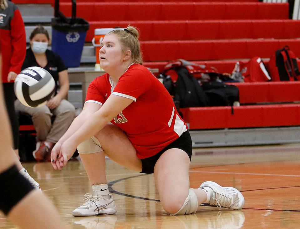 Loudonville High School's Goldie Layton (13) digs a ball against Open Door Christian during their OHSAA Division IV district semifinal volleyball match on Wednesday, October 27, 2021 at Elyria High School. TOM E. PUSKAR/TIMES-GAZETTE.COM
