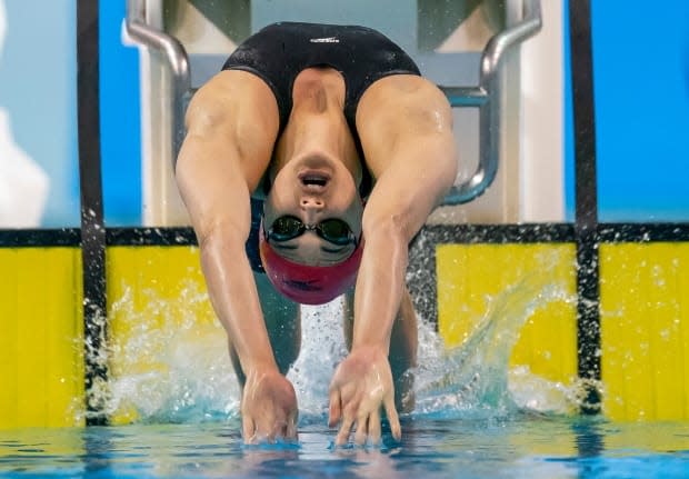 Canada's Kylie Masse, pictured at the Olympic Swimming Trials in June, gave the Toronto Titans a win in the 50-metre backstroke with a time of 26.23 seconds on Thursday in Naples, Italy. (Frank Gunn/The Canadian Press - image credit)