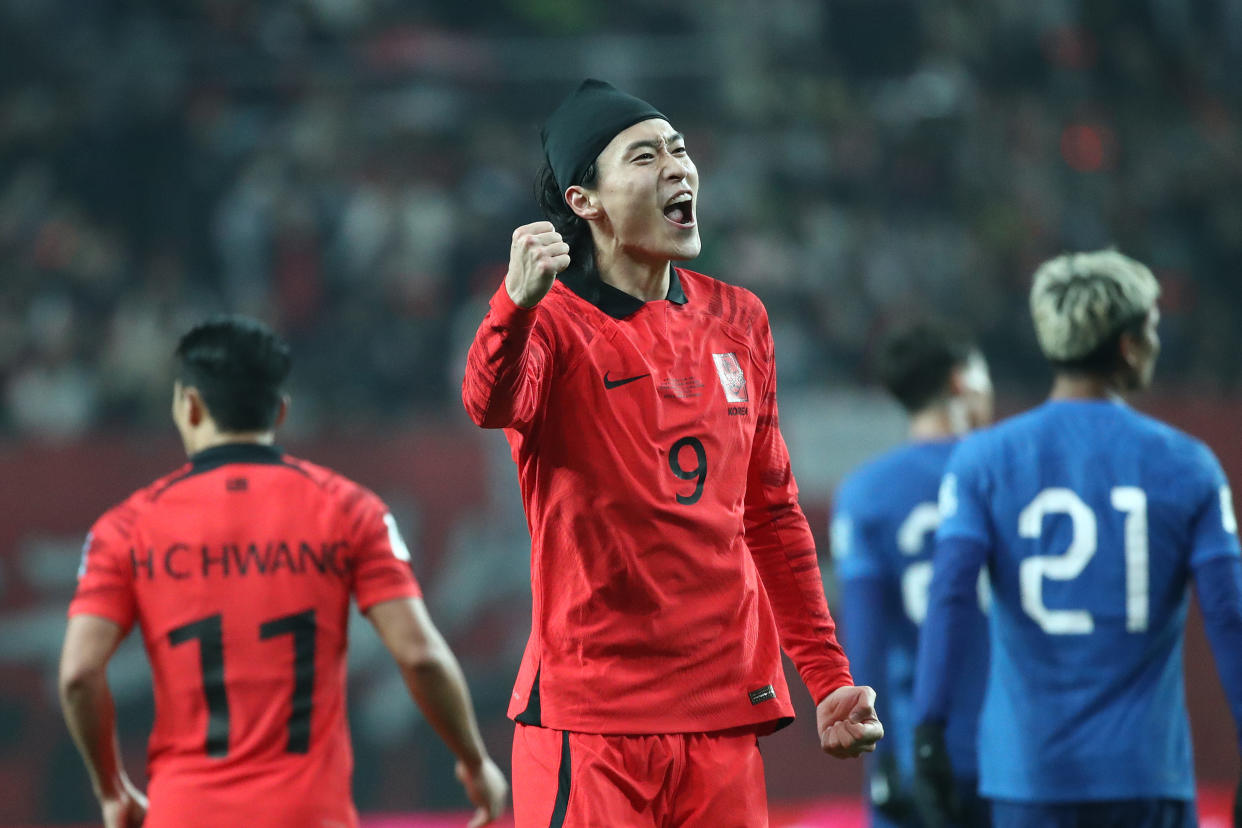 South Korean forward Cho Gue-sung celebrates after scoring their first goal in their 5-0 win over Singapore in the 2026 FIFA World Cup qualifier.