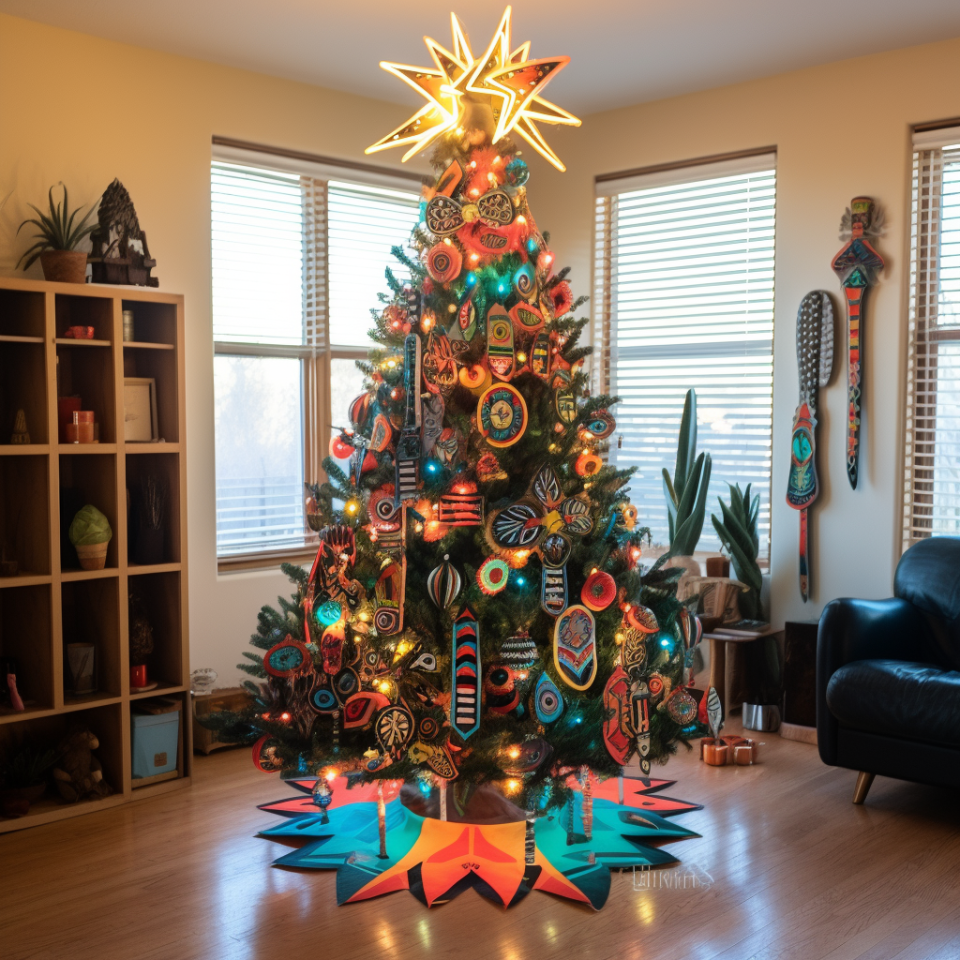 A small-ish Christmas tree that's covered in colorful lights and ornaments with geometric prints with a double star-like topper and a jagged tree skirt underneath it