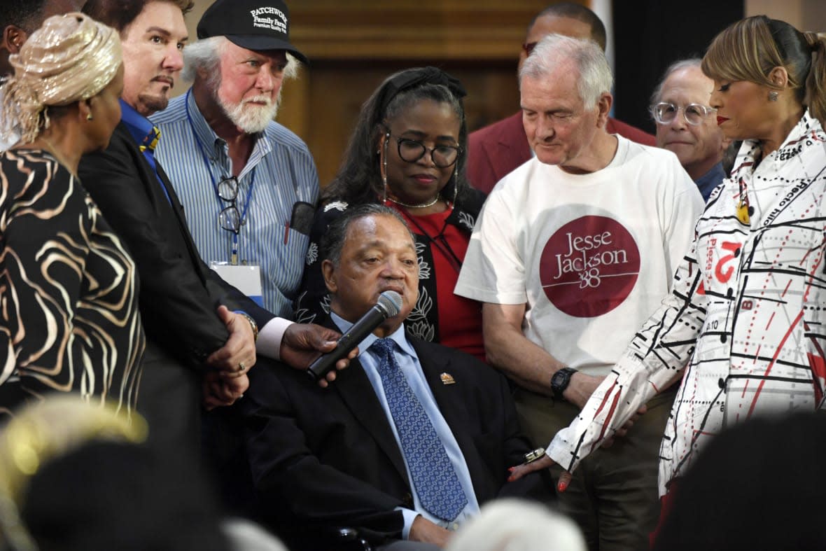 Rev. Jesse Jackson announces that he is stepping down as president of the Rainbow PUSH Coalition, Saturday, July 15, 2023, in Chicago. (AP Photo/Paul Beaty)