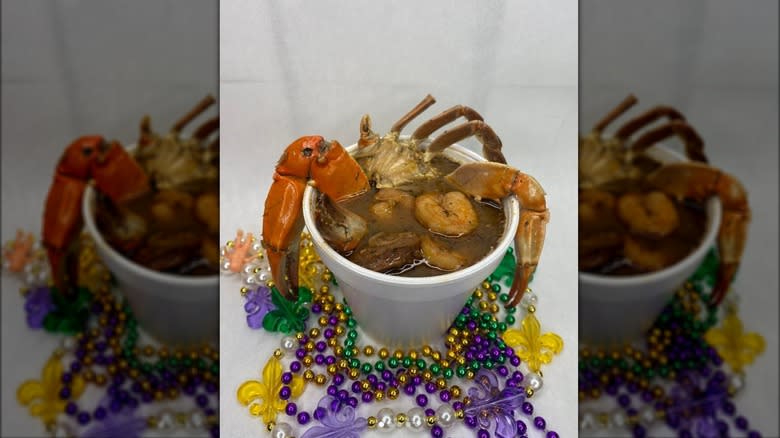 cup of gumbo Mardi Gras beads