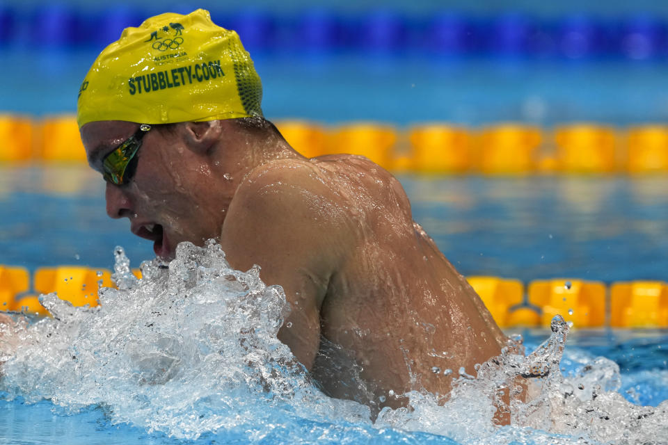 Izaac Stubbblety-Cook, of Australia, swims in the men's 200-meter breaststroke final at the 2020 Summer Olympics, Thursday, July 29, 2021, in Tokyo, Japan. (AP Photo/Martin Meissner)