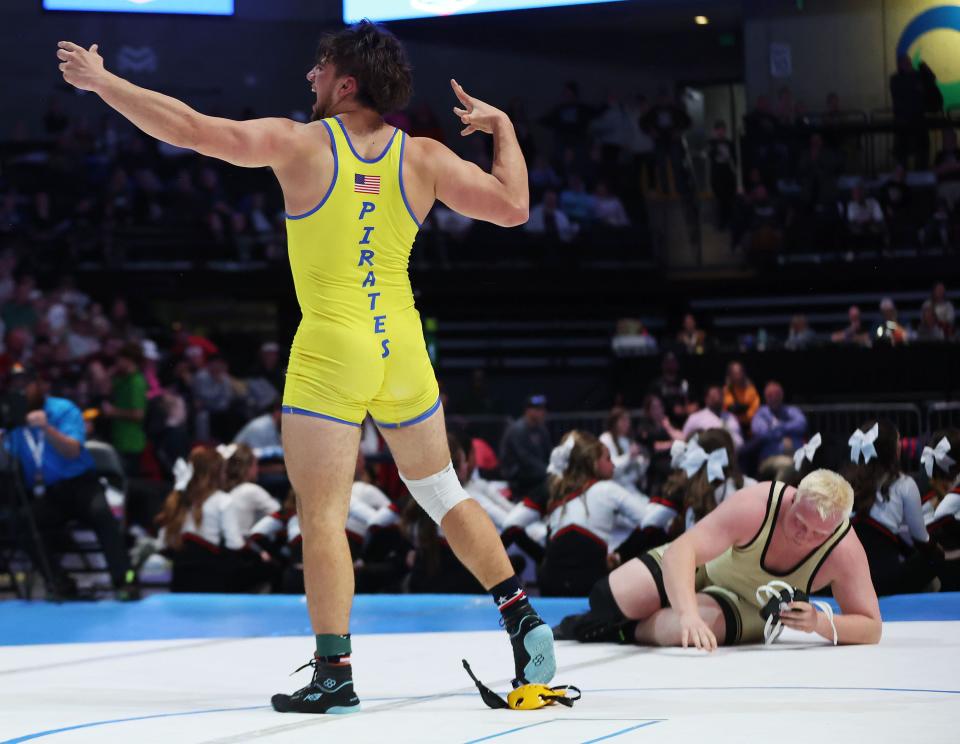 Skyler Armenta, Crprus, beats Austin McNaughtan, Wasatch, at 285 pounds in the 5A boys wrestling state championships at UVU in Orem on Saturday, Feb. 17, 2024. | Jeffrey D. Allred, Deseret News