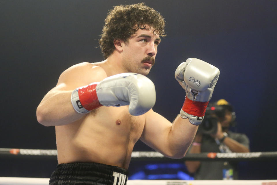 CATOOSA, OKLAHOMA - AUGUST 27: Richard Torrez Jr. boxes during his heavyweight fight at Hard Rock Hotel & Casino Tulsa on August 27, 2022 in Catoosa, Oklahoma. (Photo by Ian Maule/Getty Images)