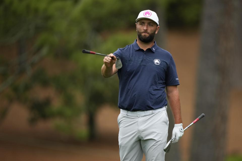 Jon Rahm, of Spain, walks to the 10th green during a practice round in preparation for the Masters golf tournament at Augusta National Golf Club Tuesday, April 9, 2024, in Augusta, Ga. (AP Photo/Matt Slocum)