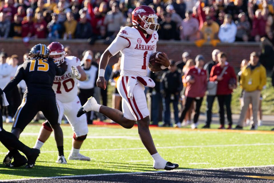 Arkansas quarterback KJ Jefferson runs into the end zone for a touchdown during the first quarter of an NCAA college football game against Missouri, Friday, Nov. 25, 2022, in Columbia, Mo. (AP Photo/L.G. Patterson)