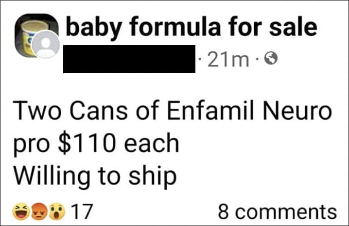 A posting on Facebook advertising baby formula for sale (Facebook)