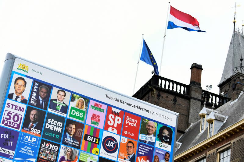 An election sign is seen at the parliament building in The Hague