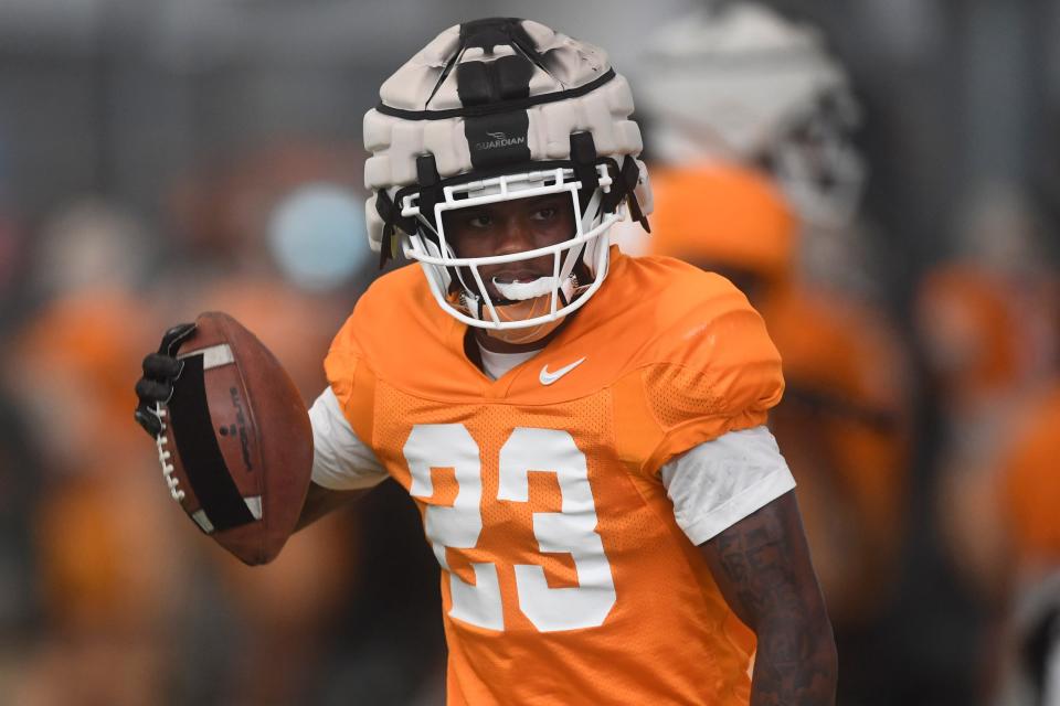 Tennessee's Boo Carter (23) warms up during a fall Tennessee football practice in Knoxville, Tennessee, Thursday, Aug. 8, 2024.