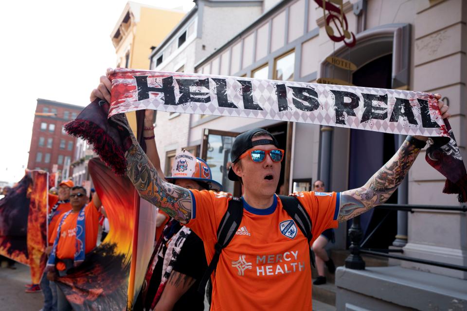 FC Cincinnati fans march to the stadium before the MLS match between FC Cincinnati and Columbus Crew at TQL Stadium in Cincinnati on Saturday, May 20, 2023.