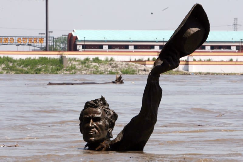 The arm and head of explorer William Clark stay above the swirling waters of the Mississippi River on the St. Louis riverfront in St. Louis on May 12, 2007. On this day in 1804, the Lewis and Clark expedition left St. Louis on a mission to explore the Northwest from the Mississippi River to the Pacific Ocean. Photo by Bill Greenblatt/UPI