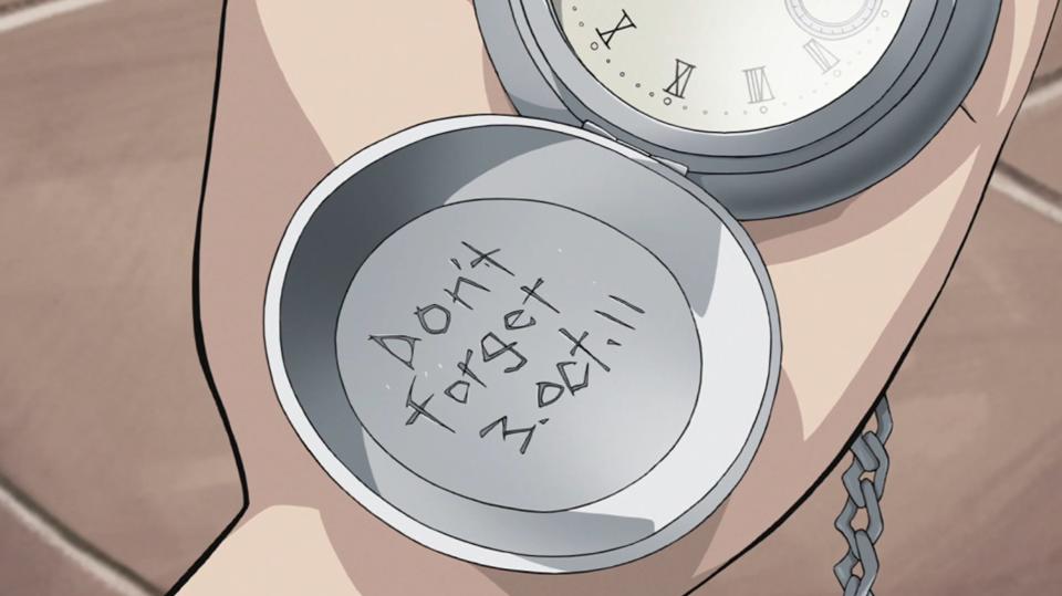 edward elric's pocket watch in fullmetal alchemist, held open. the face reads "don't forget 3 oct 11"