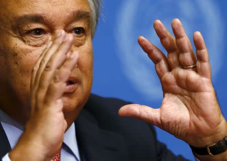 United Nations High Commissioner for Refugees Antonio Guterres gestures during a news conference at the United Nations European headquarters in Geneva, Switzerland in this August 23, 2013 file photo. REUTERS/Denis Balibouse/Files