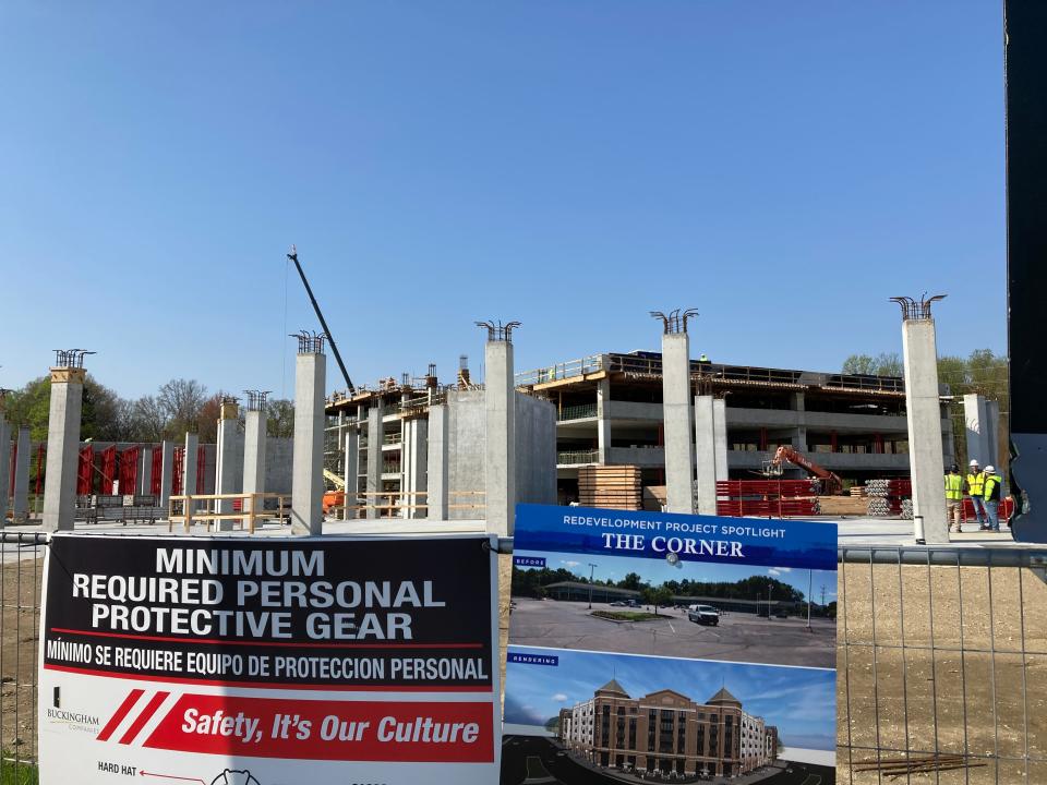 The parking garage under construction at The Corner, a mixed-use development planned at the corner of 116th Street and Range Line Road, pictured April 27, 2022.