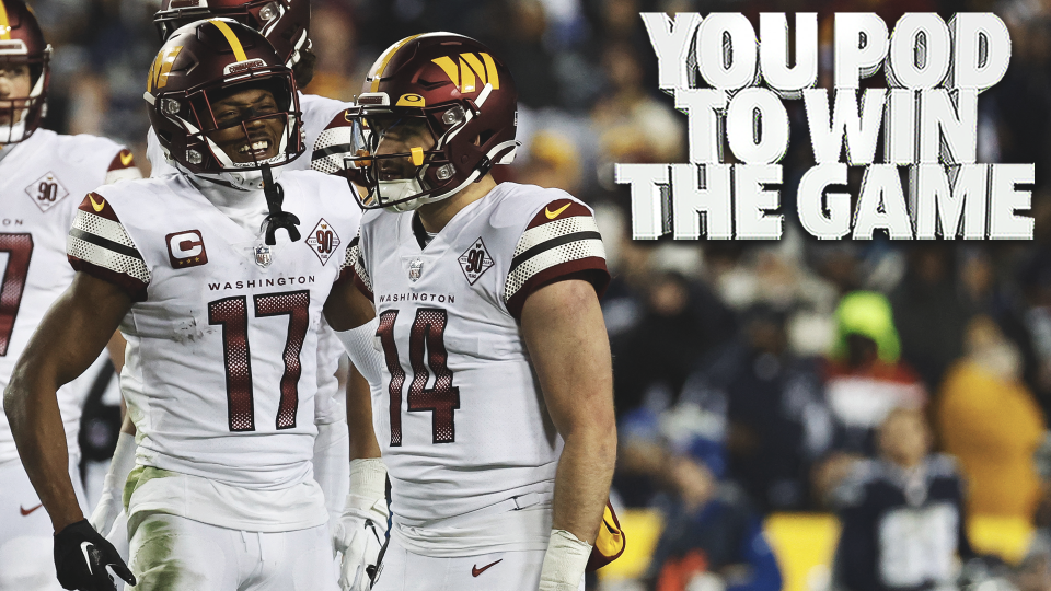 January 8, 2023;  Landover, Maryland, USA;  Washington Chiefs wide receiver Terry McLaurin, 17, celebrates with Washington Commanders quarterback Sam Howell, 14, after connecting on a long pass against the Dallas Cowboys during the fourth quarter at FedExField.  Mandatory credit: Jeff Burke - USA TODAY Sports