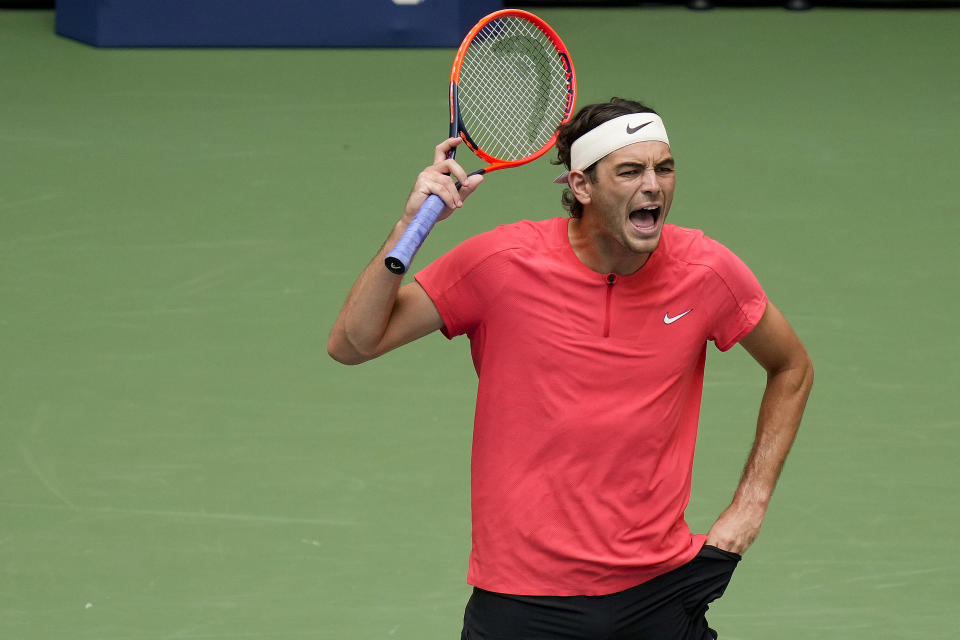 Taylor Fritz, of the United States, reacts during a match against Novak Djokovic, of Serbia, during the quarterfinals of the U.S. Open tennis championships, Tuesday, Sept. 5, 2023, in New York. (AP Photo/Seth Wenig)