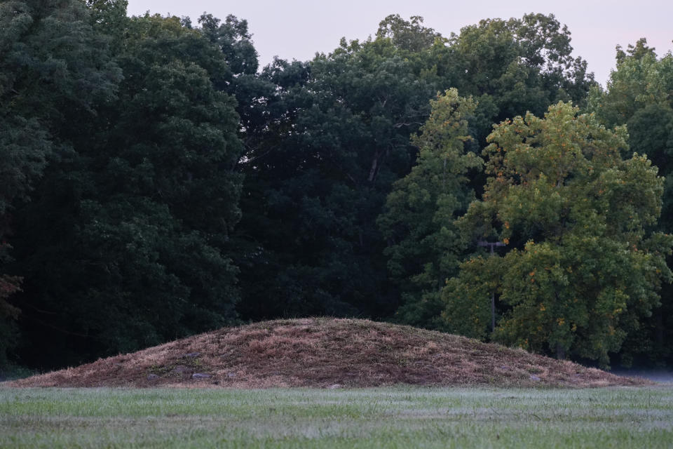 A mound at Fort Ancient Earthworks, Tuesday, Sept. 19, 2023, in Oregonia, Ohio. Fort Ancient is part of a network of ancient American Indian ceremonial and burial mounds around Ohio that were added to the list of UNESCO World Heritage sites. (AP Photo/Joshua A. Bickel)