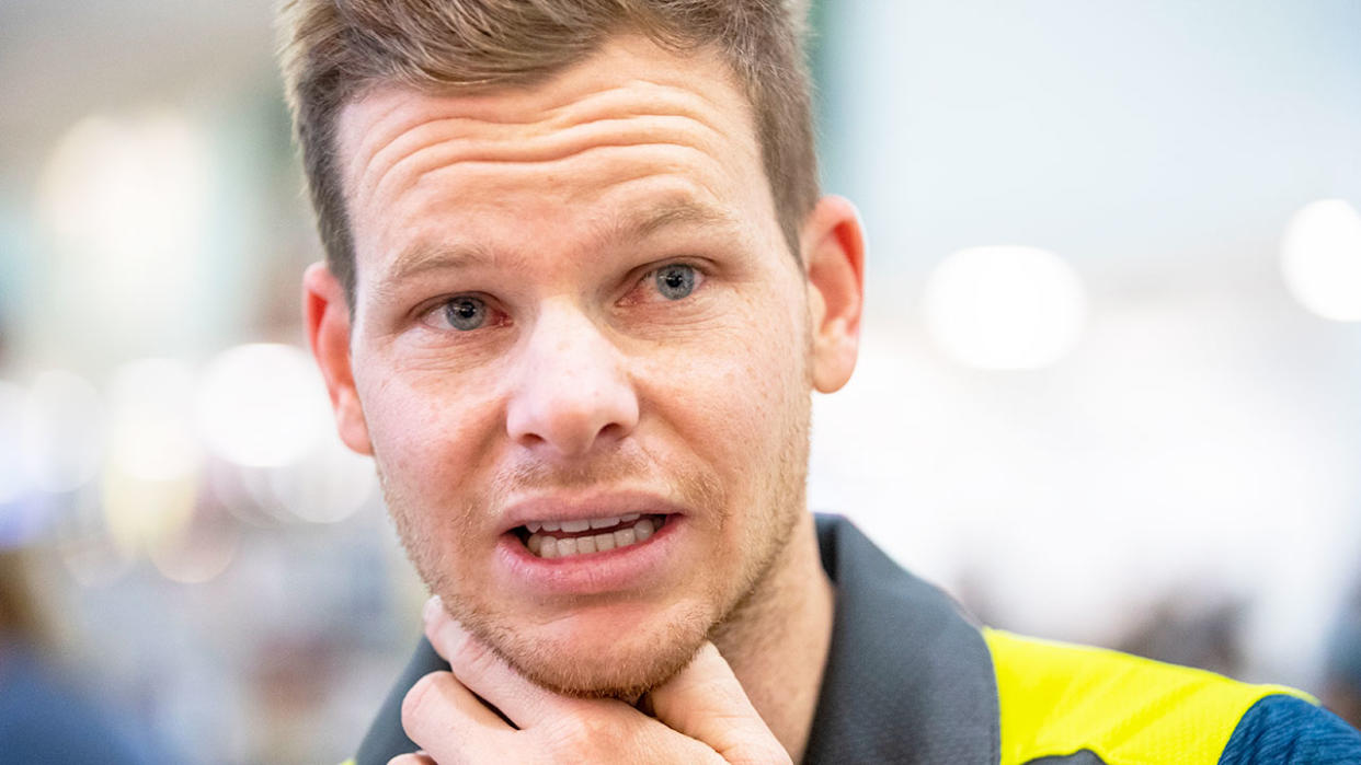 Seen here, Aussie cricketer Steve Smith talks with the media.