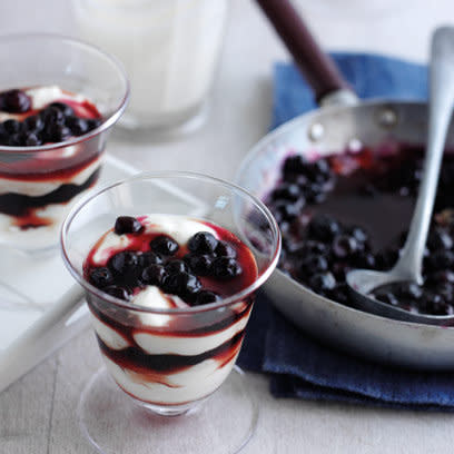 Caramel poached blueberries with creme fraiche