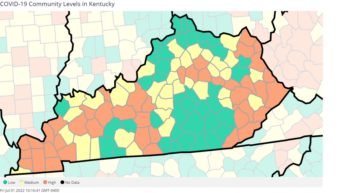 A map from the Centers for Disease Control and Prevent displaying the current Kentucky counties (as of June 30, 2022) with high community levels of COVID-19. The CDC defines this separately from community transmission, with community level assessing factors like local health care provider capacity.