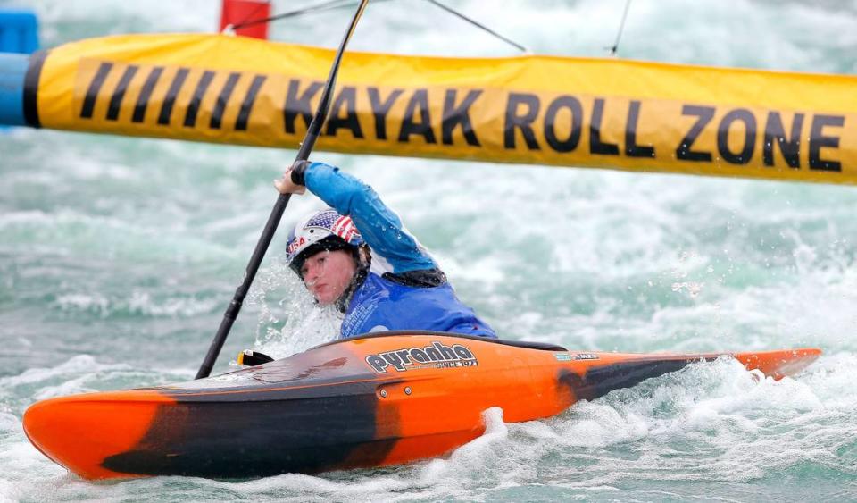 Evy Leibfarth compete in kayak cross time trial during 2024 Olympic Team Trials for Canoe/Kayak Slalom and Kayak Cross at the RIVERSPORT Whitewater Center in Oklahoma City, Saturday, April 27, 2024.