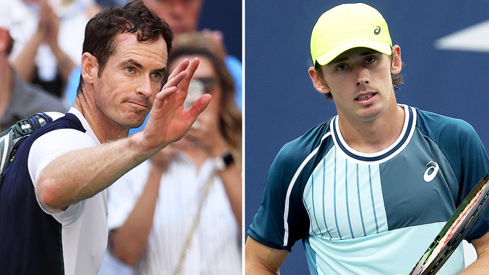 Andy Murray waves goodbye and Alex de Minaur celebrates.