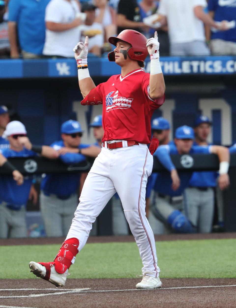 Indiana's Carter Mathison (3) reacted on his way home after hitting a home run against UK during their rematch in the NCAA Regional in Lexington Ky. on June 4, 2023.  