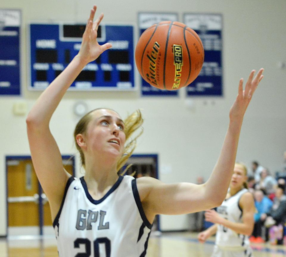 Great Plains Lutheran's Olivia Holmen focus on catching a pass during a high school girls basketball game against Wilmot on Thursday, Feb. 1, 2024 in Watertown. GPL won 60-32.