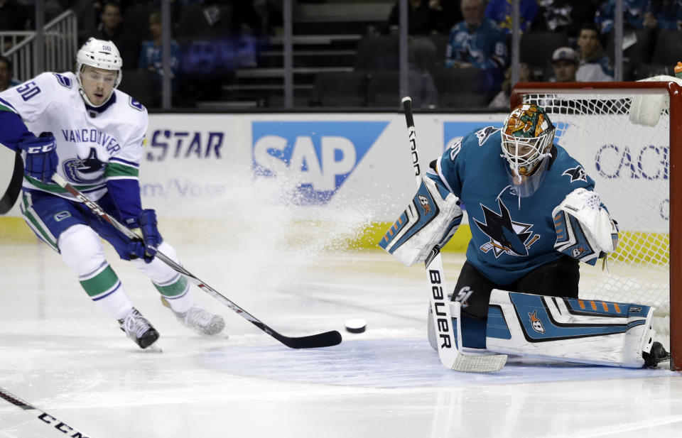 Goalie Aaron Dell will get plenty of work with the San Jose Sharks playing eight games before the All-Star break. (AP Photo/Marcio Jose Sanchez)