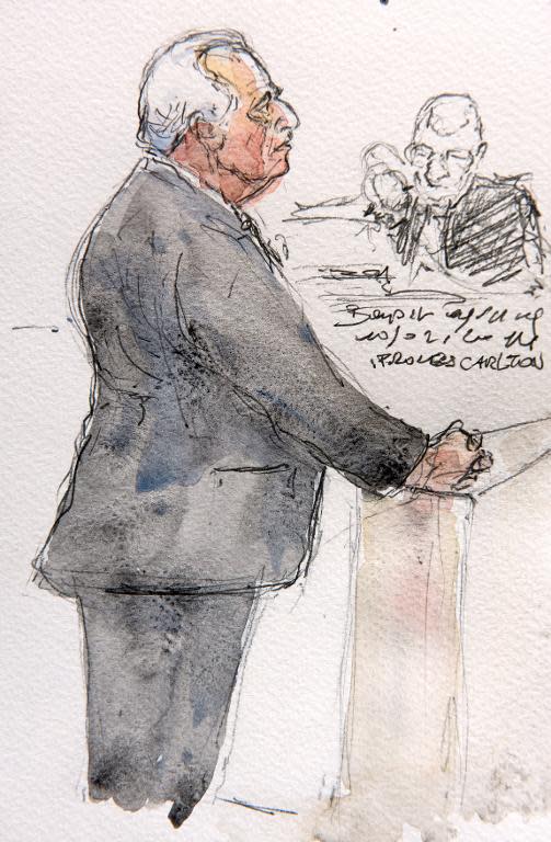 Un dibujo de Dominique Strauss-Kahn declarando ante el tribunal de Lille (Francia) este martes 10 de febrero