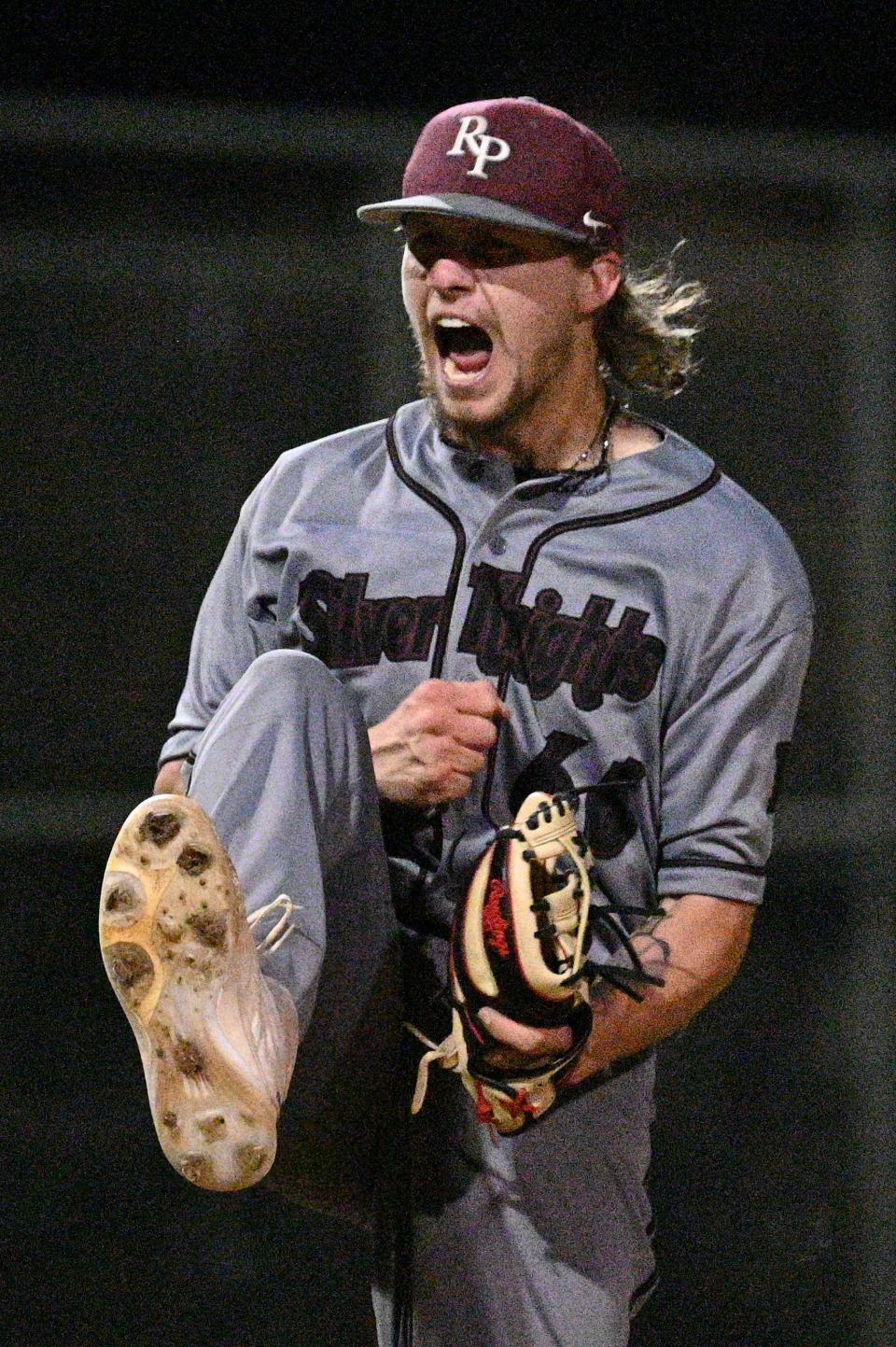 Riverside Prep’s Cayden Johnson reacts after throwing a strikeout to end the game 2-1 against Adelanto on Thursday, March 21, 2024 in Adelanto.