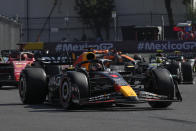 Max Verstappen, of Netherlands, steers his Red Bull during the Formula One Mexico Grand Prix auto race at the Hermanos Rodriguez racetrack in Mexico City, Sunday, Oct. 29, 2023. (AP Photo/Fernando Llano)