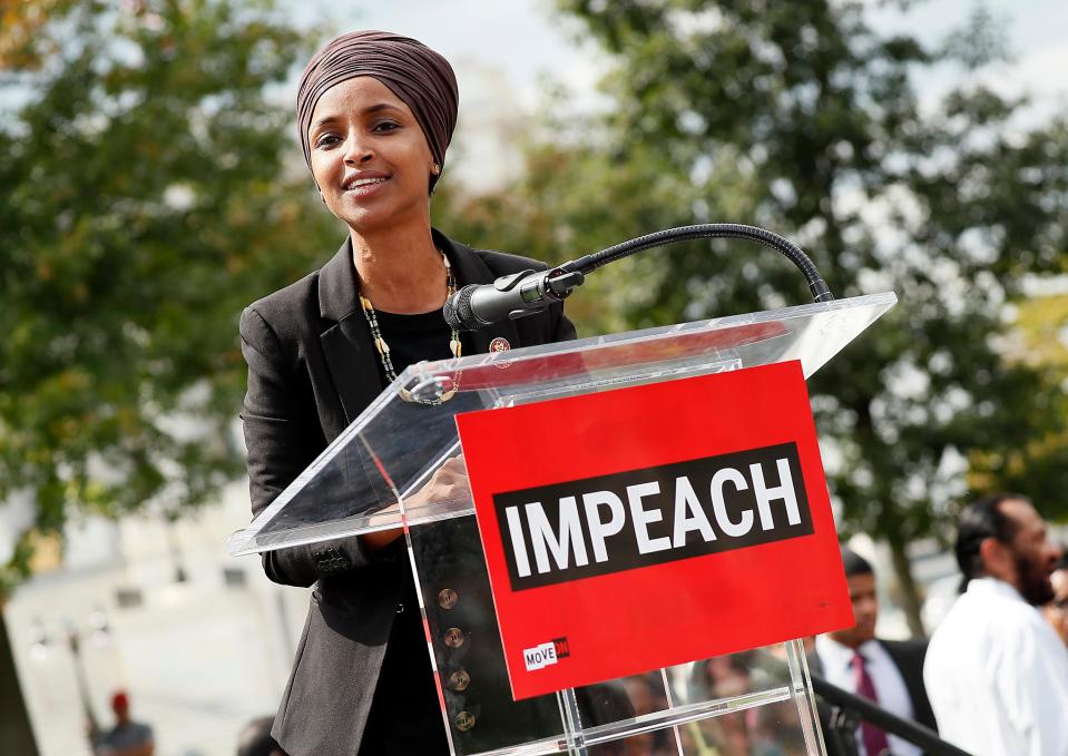 Rep. Ilhan Omar (D-MN) speaks at the Impeachment Now! rally in support of an immediate inquiry towards articles of impeachment against U.S. President Donald Trump on the grounds of the U.S. Capital on September 26, 2019in Washington, DC.