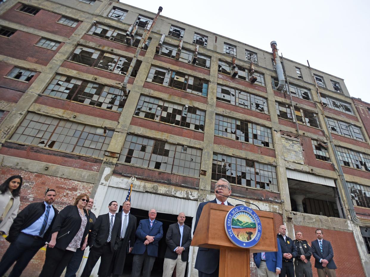 Ohio Gov. Mike DeWine was in Mansfield on Tuesday morning to announce the Ohio Department of Development Brownfield Program awards, including funds to demolish the former Westinghouse building on West Fifth Street.