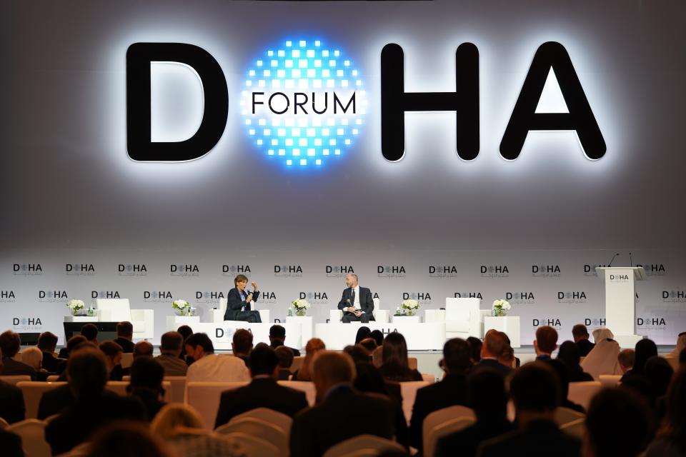 U.S. special envoy for Iran Robert Malley, center, speaks at the Doha Forum in Doha, Qatar, Sunday, March 27, 2022. Malley spoke as negotiations between Iran and world powers of its tattered nuclear deal appear to be nearing their end. (AP Photo/Lujain Jo)