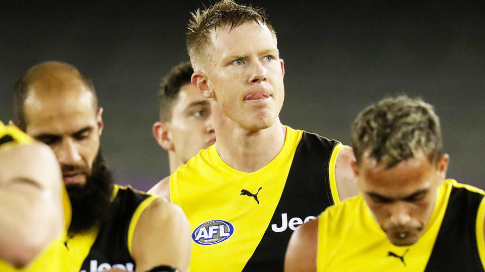 Richmond Tigers forward Jack Riewoldt is pictured leaving the field after losing to St Kilda.