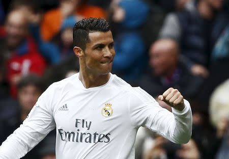 Football Soccer - Real Madrid v Athletic Bilbao - Spanish Liga BBVA - Santiago Bernabeu stadium, Madrid, Spain - 13/02/16 Real Madrid's Cristiano Ronaldo celebrates his second goal. REUTERS/Andrea Comas