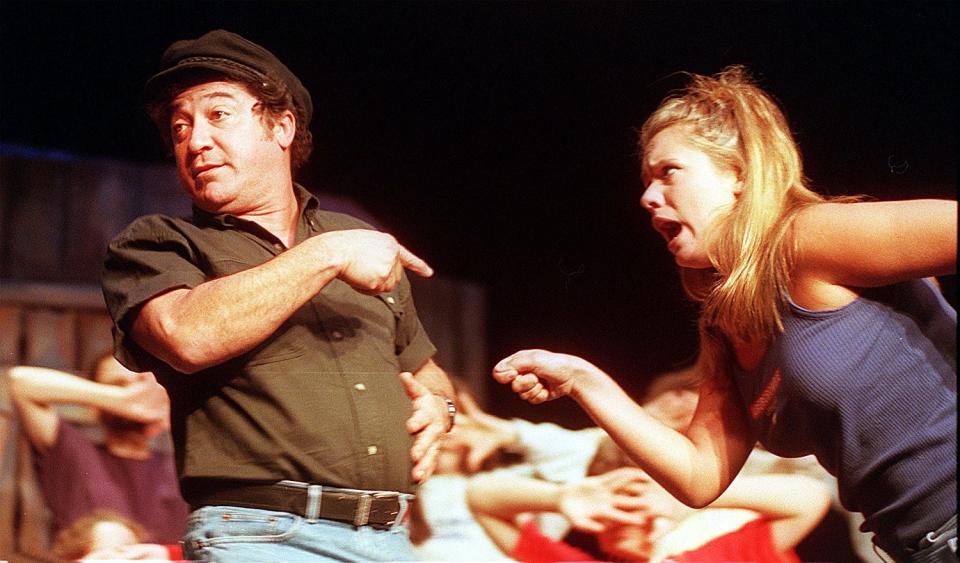 Eddie Mekka, playing Tevye, and Chrystal Sturtevant of Auburn, playing Grandma Tzeitel, during an August 1999 rehearsal of "Fiddler on the Roof." The show was staged at Foothills Theatre.