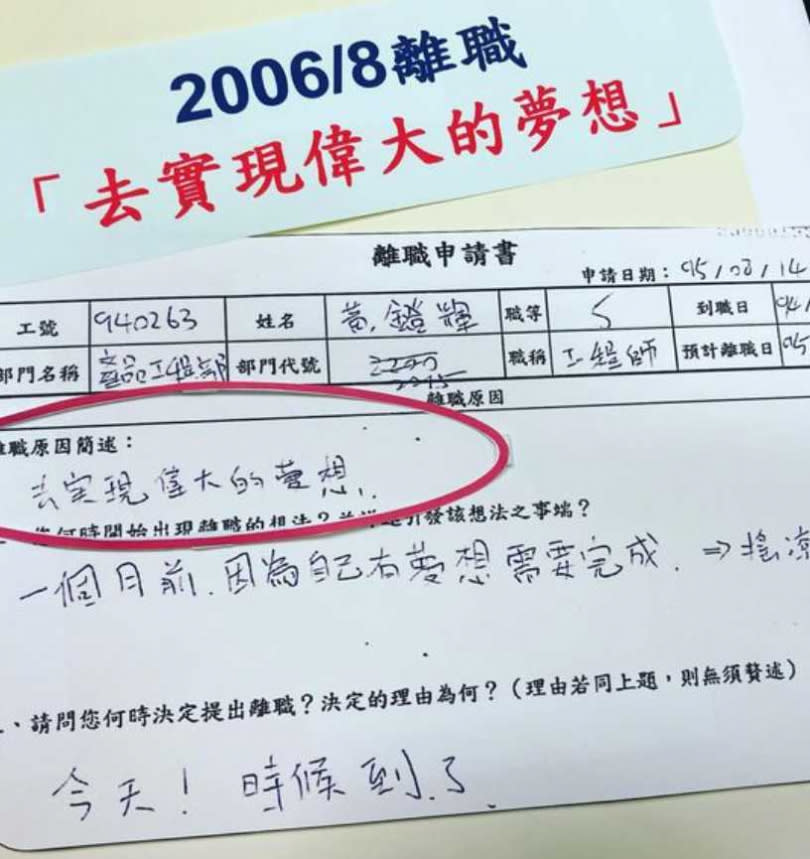 黃鐙輝離職原因寫「去實現偉大的夢想」，一度被主管認為在開玩笑。