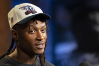 Tennessee Titans wide receiver DeAndre Hopkins responds to questions from reporters at the NFL football team's training facility Tuesday, July 25, 2023, in Nashville, Tenn. (AP Photo/George Walker IV)