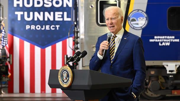 PHOTO: President Joe Biden speaks about how the Bipartisan Infrastructure Law will provide funding for the Hudson River Tunnel project, at the West Side Rail Yard in New York, on Jan. 31, 2023. (Mandel Ngan/AFP via Getty Images)