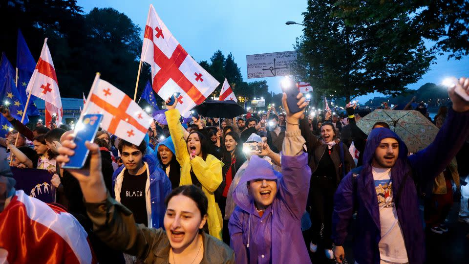 Demonstrators protest against the foreign agents bill in Tbilisi, Georgia, on May 11, 2024. - Irakli Gedenidze/Reuters