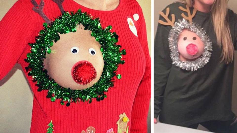 <p>Women expose boobs in bizarre reindeer sweater trend</p>