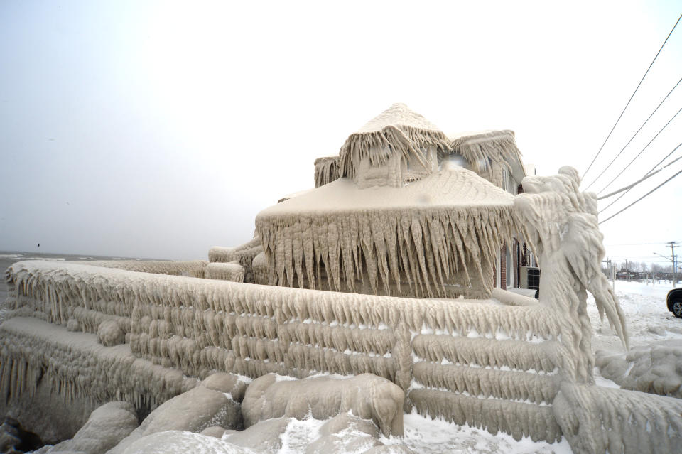 Ice covers Hoaks restaurant along the Lake Erie shoreline on December 24, 2022 in Hamburg, New York. Courtesy Getty