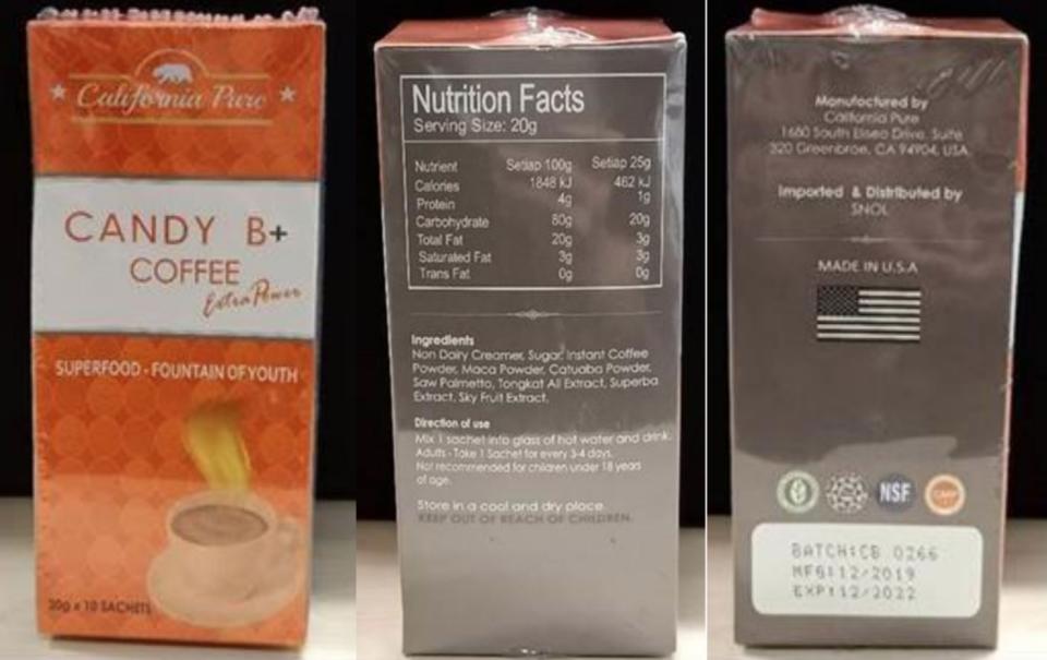 Candy B+ Coffee Extra Power, one of two products flagged by HSA as health risks. (PHOTO: Health Sciences Authority)