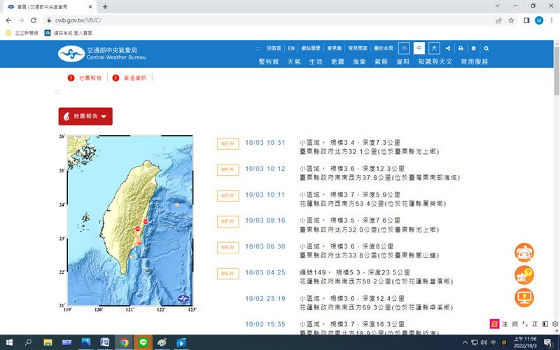  印度神童警告10月小心4件事。台灣發生4起地震。 （圖／翻攝自氣象局）