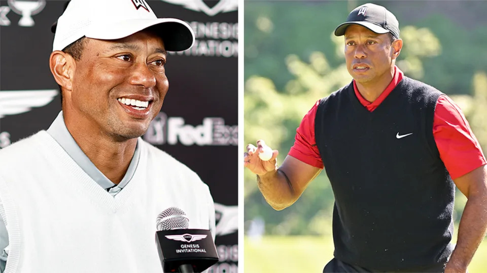 Tiger Woods (pictured left) during an interview and (pictured right) Woods acknowledging the crowd.